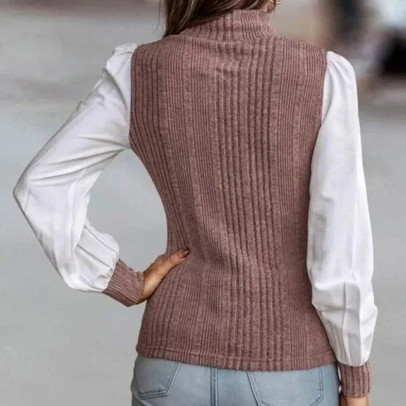 Contrast Bishop Sleeve Casual Top Dusty Pink - Picture 4 of 5